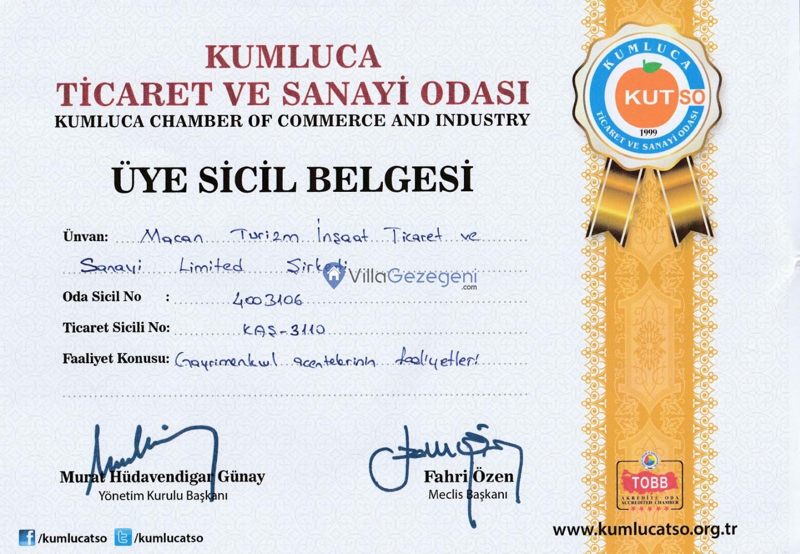 Kumluca TSO Üye Sicil Belgesi